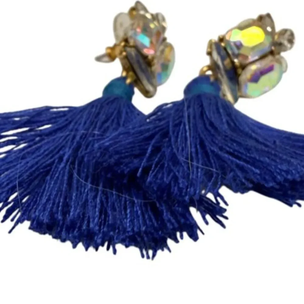 J. Crew Royal Blue Tassel Iridescent Aurora Borealis Crystal Statement Earrings